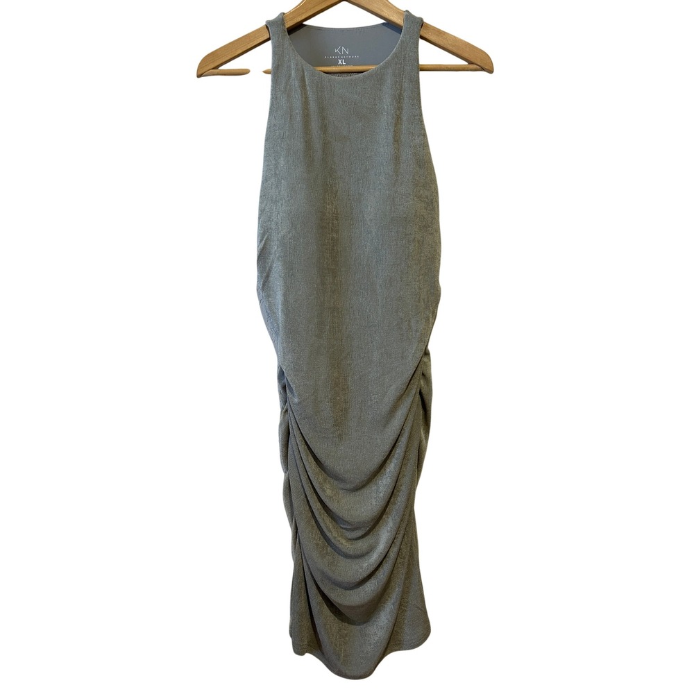 Klassy Network Womens Dress XL Silver Metallic Ruched Cutout Brami Bodycon Midi